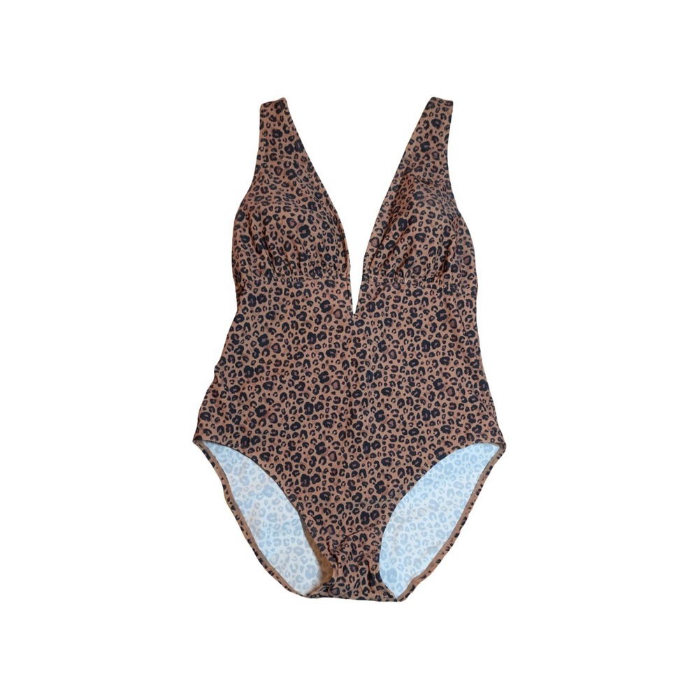 ⭐D4 Women's Plunge Neck Tummy Control Halter Swimsuit Leopard Size XL